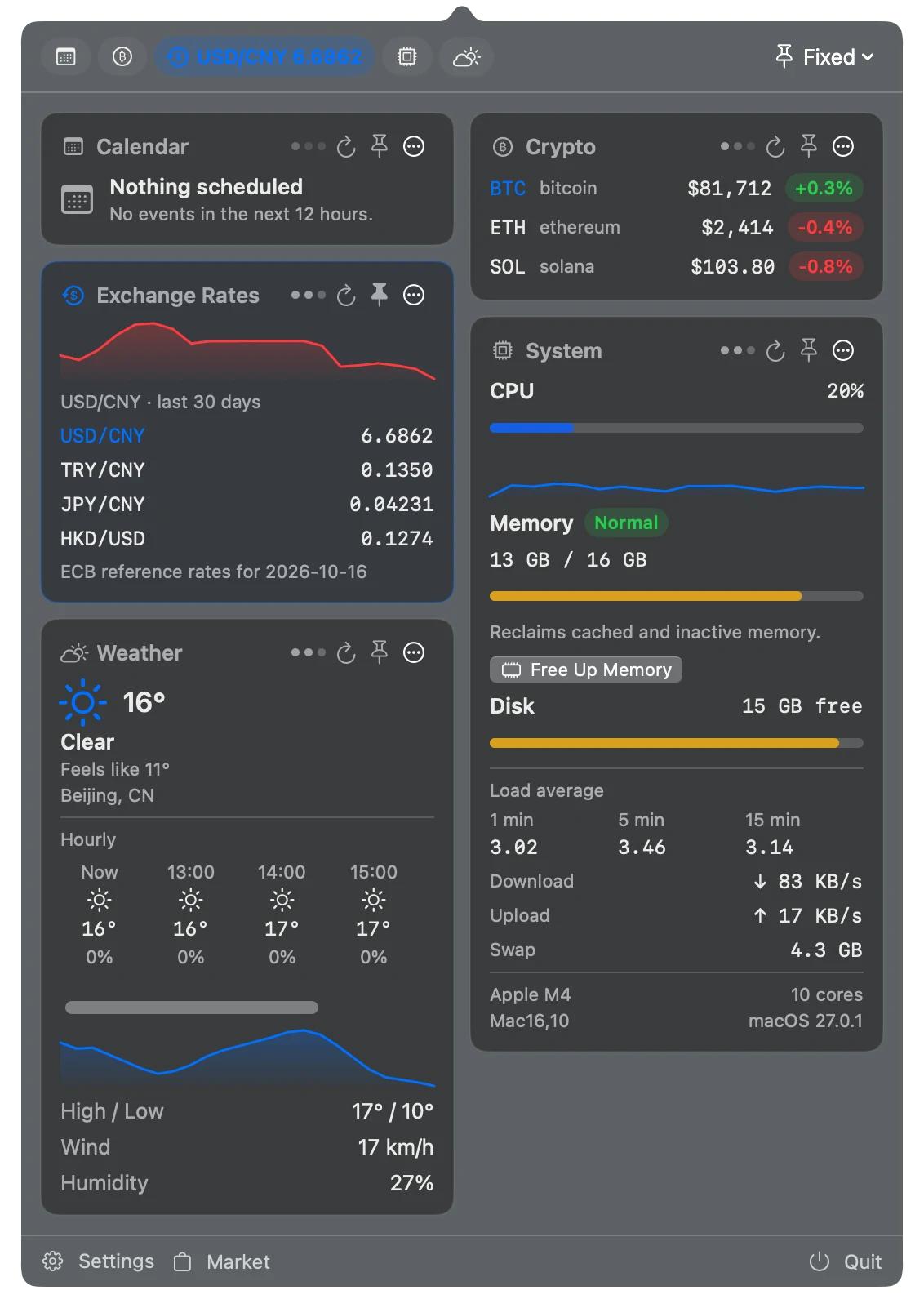 The Minibar dashboard: a headline strip and cards for Calendar, Exchange Rates, Weather, Crypto and System